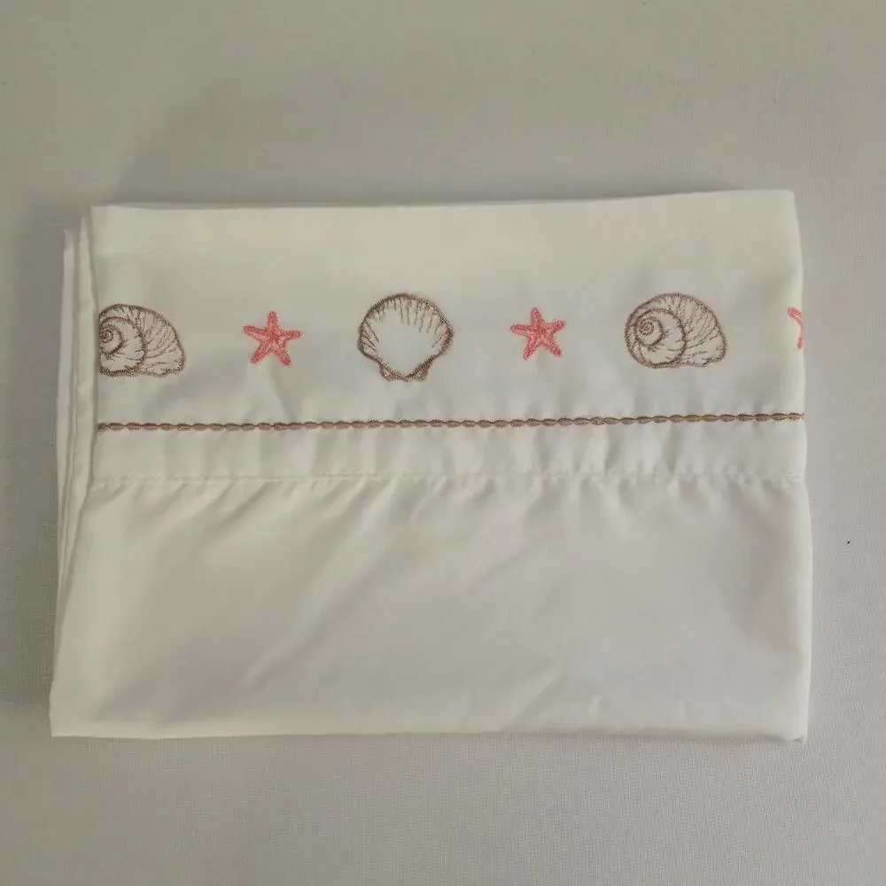 Coastal Quilt/Bedspread Twin Size White with Coral Seashell Embroidered Details